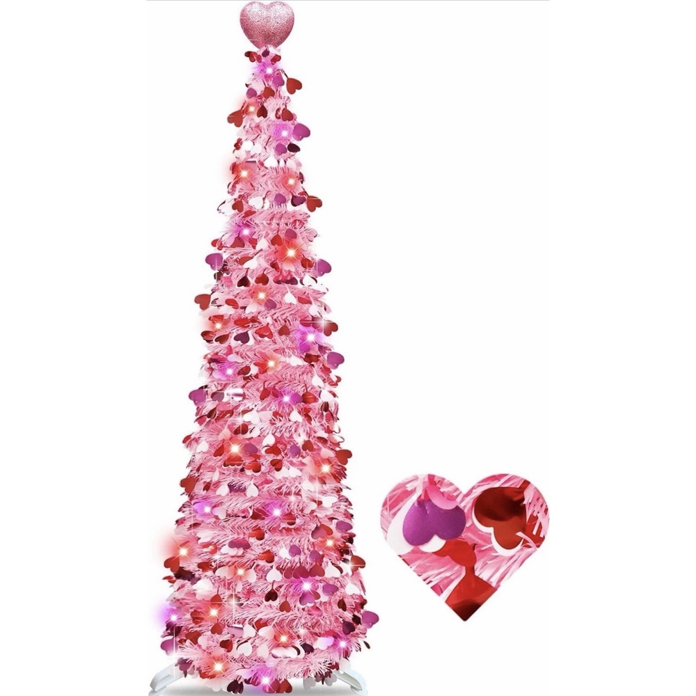 5Ft Pink Pop Up Christmas Tinsel Tree 50 Multicolor Lights Battery Pencil